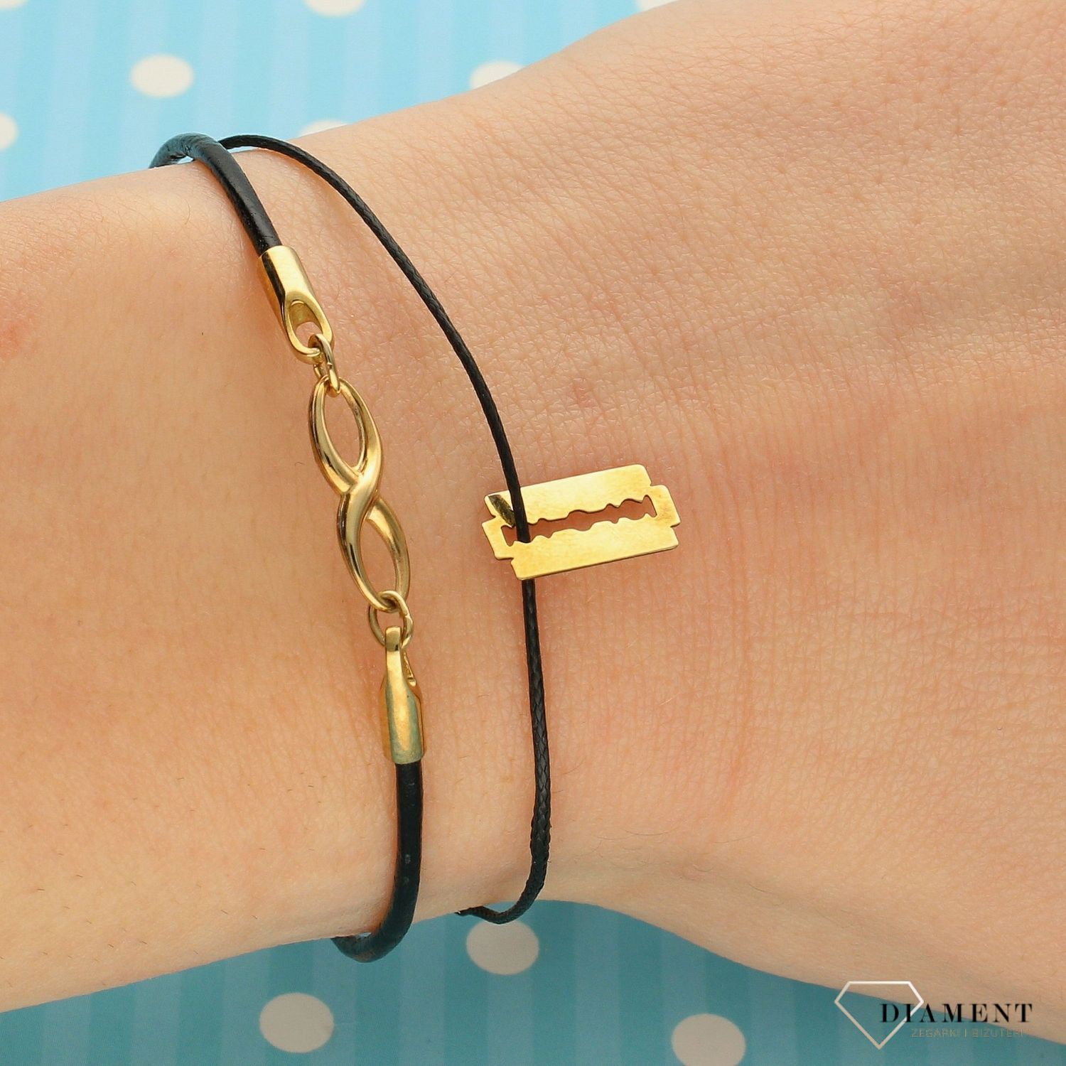 Bransoletka czerny rzemyk ze złotą żyletką próby 333 (2).jpg